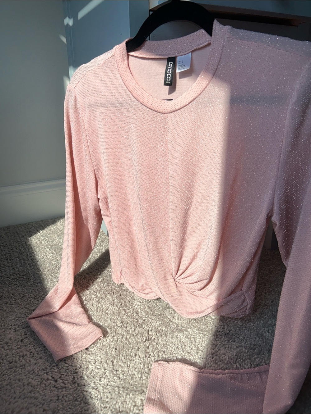 H&M Shimmer Light Pink Twist-Front Long Sleeve Top